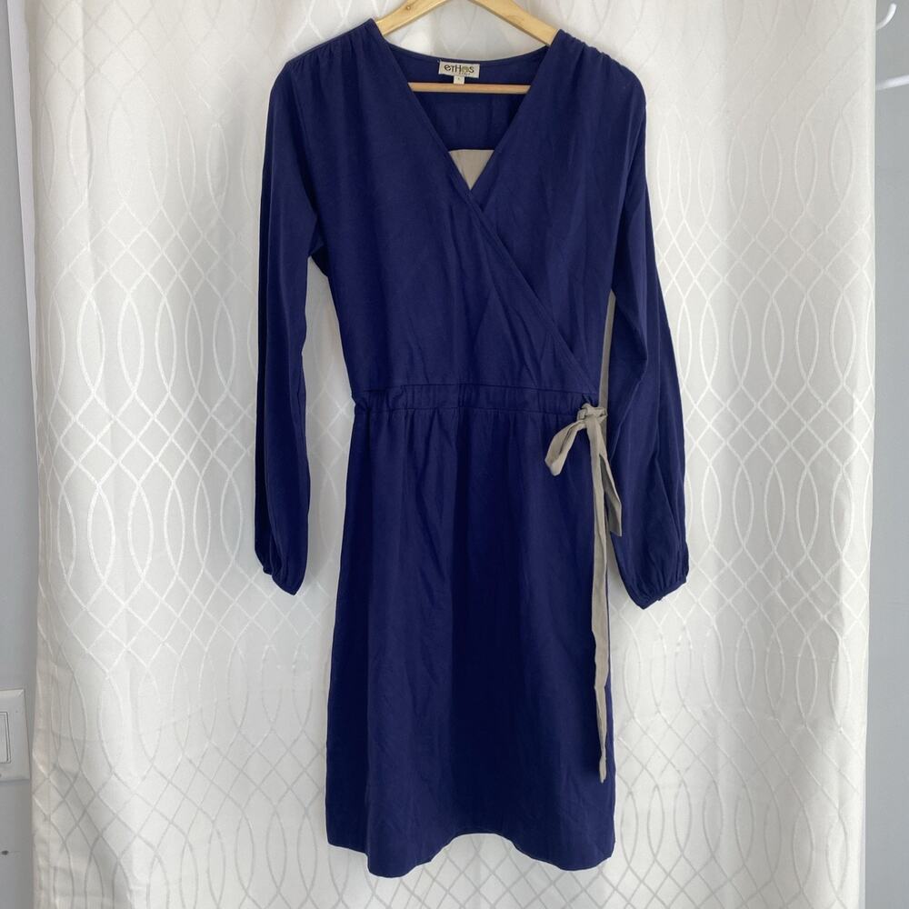 Ethos Paris, L Blue, Organic Cotton Wrap Dress Comfort Knee Length lagenlook